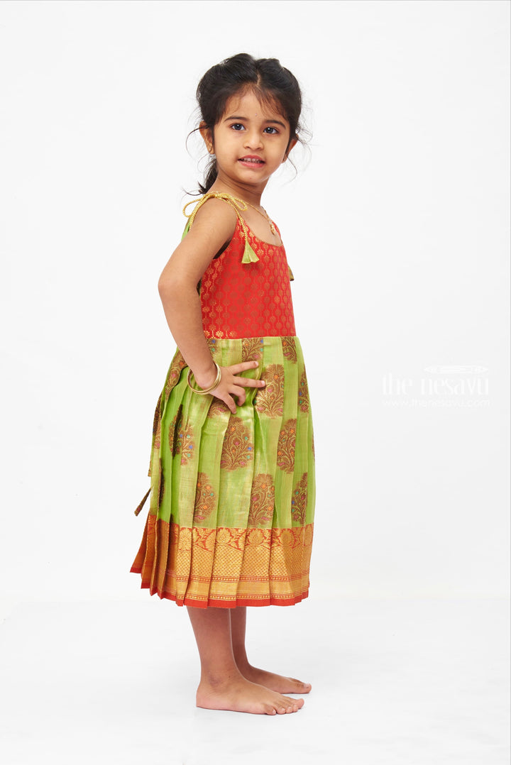 The Nesavu Tie-up Frock Green And Pink Brocade Printed Silk Tie-up Gowns For Little Girls Nesavu Banarasi Brocade Pattu Saree Frocks| Party Frocks| The Nesavu