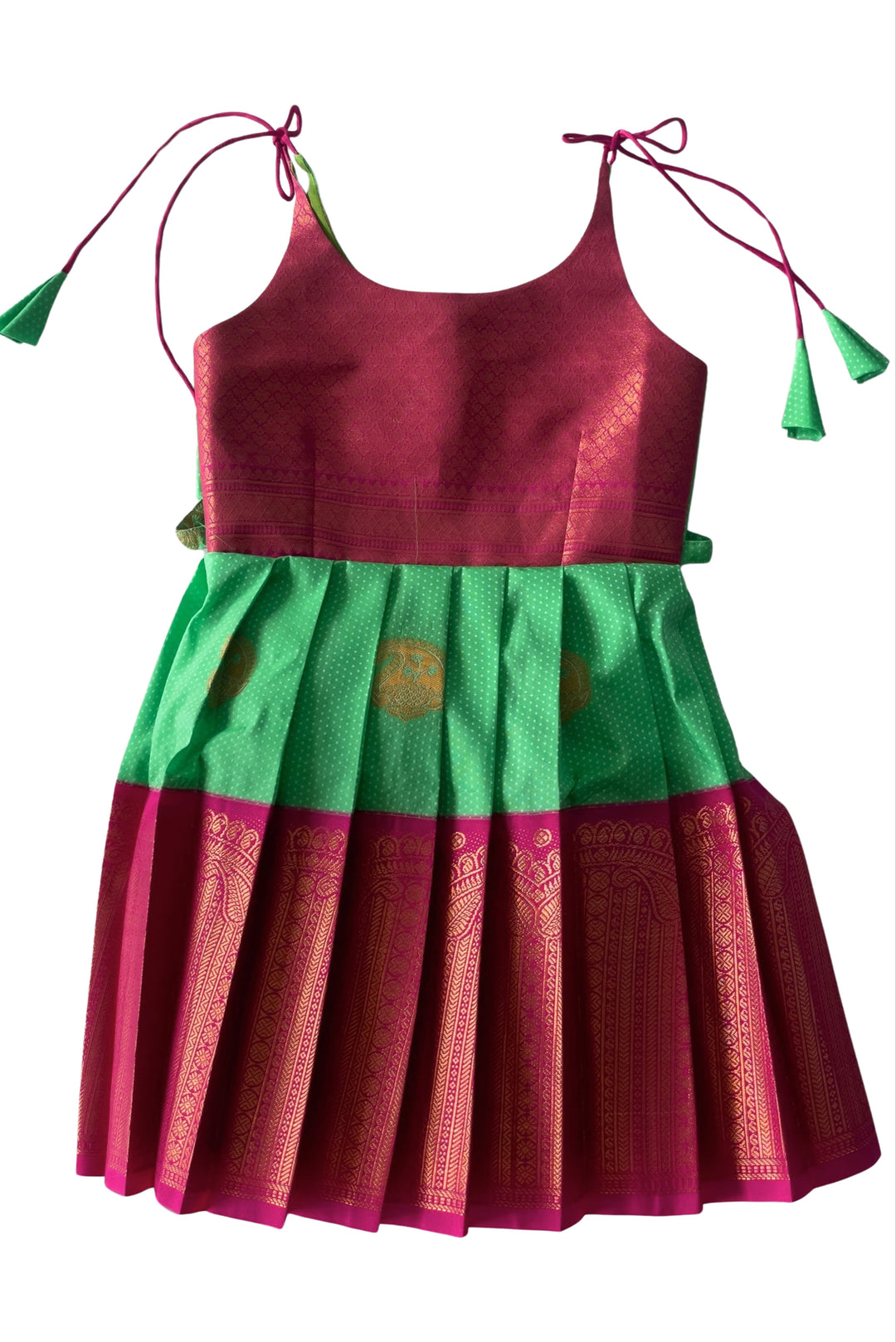 The Nesavu Tie-up Frock Green and Pink Silk Blend Tie-Up Frock for Girls Nesavu 14 (6M) / Green / Style 1 T307A-14 Girls Green Silk Frock | Pink and Gold Traditional Motifs | The Nesavu