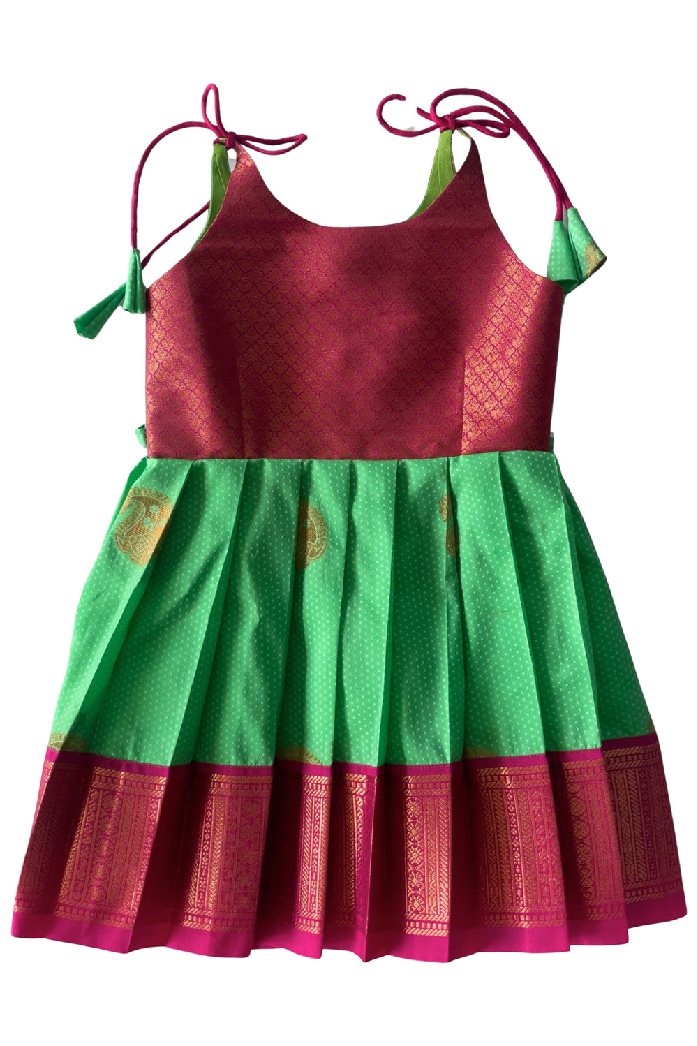 The Nesavu Tie-up Frock Green and Pink Silk Blend Tie-Up Frock for Girls Nesavu 14 (6M) / Green / Style 2 T307B-14 Girls Green Silk Frock | Pink and Gold Traditional Motifs | The Nesavu