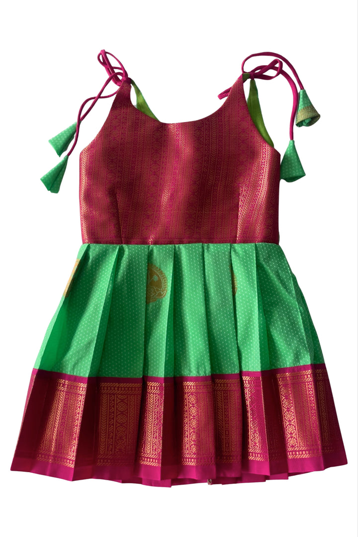 The Nesavu Tie-up Frock Green and Pink Silk Blend Tie-Up Frock for Girls Nesavu 14 (6M) / Green / Style 3 T307C-14 Girls Green Silk Frock | Pink and Gold Traditional Motifs | The Nesavu