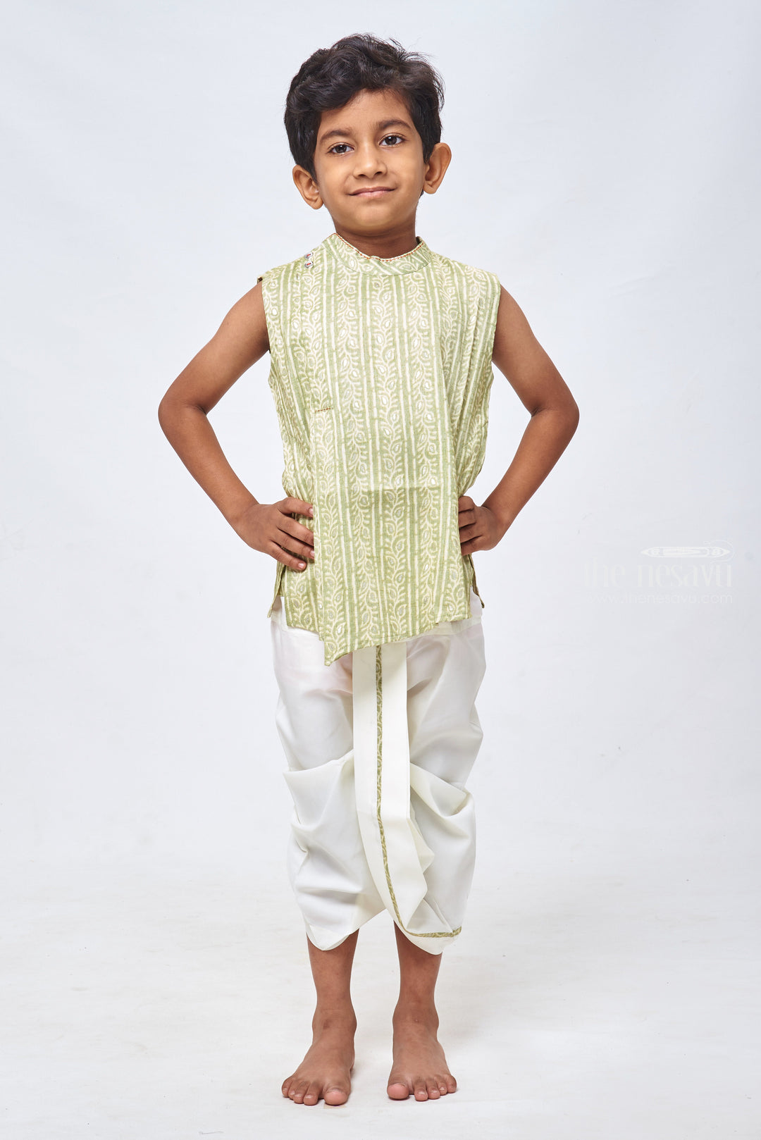 The Nesavu Boys Dothi Set Green Bandhani & Foil Print Kurta: Radiant Duo with White Dhoti for Boys Nesavu 12 (3M) / Green / Cotton BES369A-12 Shop Bandhani Printed Kurta With Dhoti Set | Boys Ethnic Kurta and Dhoti Set | the Nesavu