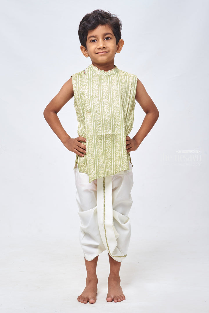 The Nesavu Boys Dothi Set Green Bandhani & Foil Print Kurta: Radiant Duo with White Dhoti for Boys Nesavu 12 (3M) / Green / Cotton BES369A-12 Shop Bandhani Printed Kurta With Dhoti Set | Boys Ethnic Kurta and Dhoti Set | the Nesavu