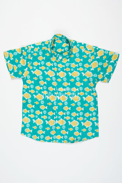 Campana Boys Yuki Short Sleeve Cotton Shirt - Leaf Print - Green