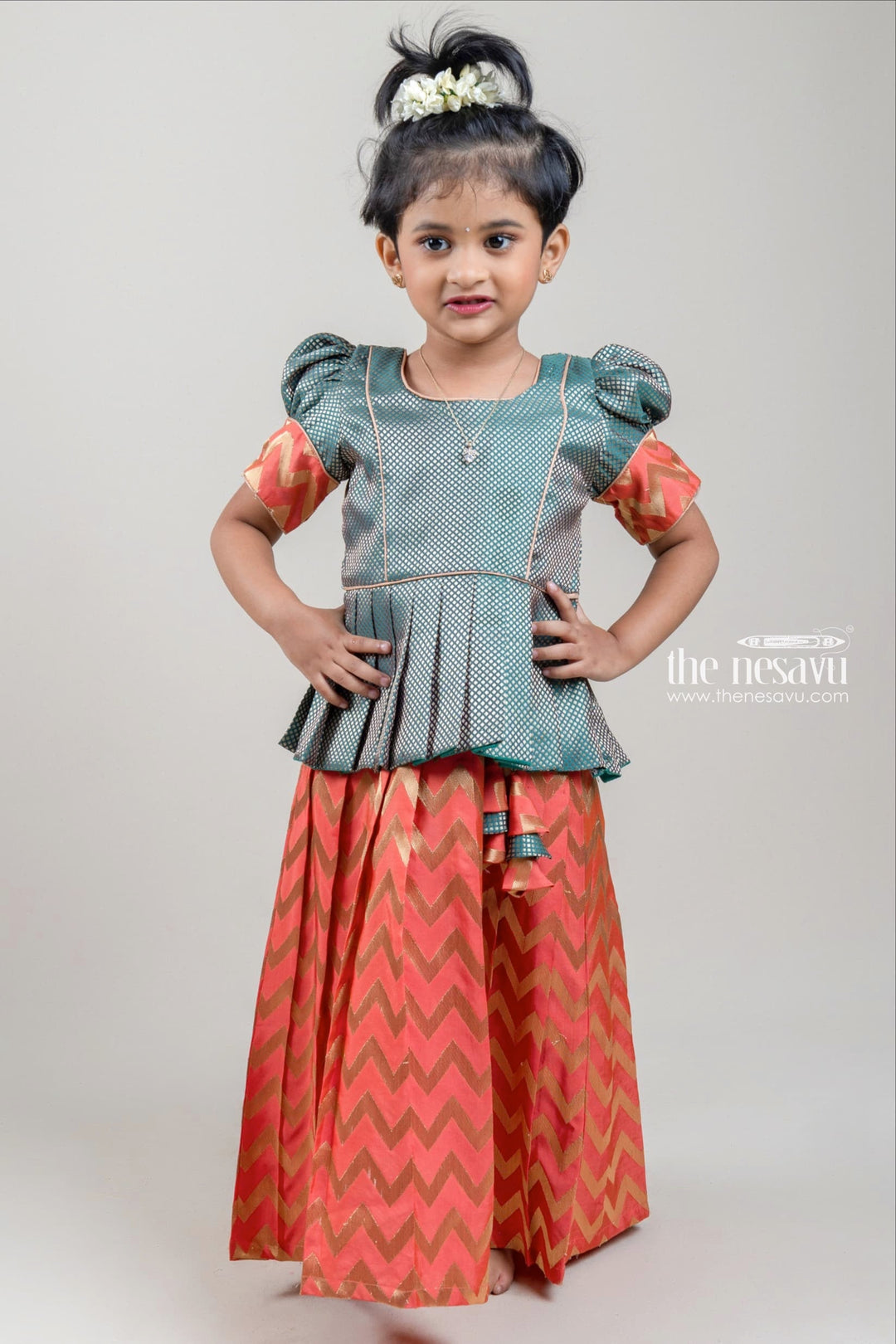 The Nesavu Pattu Pavadai Green Brocade Designer Silk Blouse with salmon Pink Silk Skirt for Girls Nesavu 14 (6M) / Salmon / Jacquard GPP277A-14 Green Brocade Silk Blouse with Salmon Pink Silk Skirt | Traditional Pattu Pavadai |The Nesavu