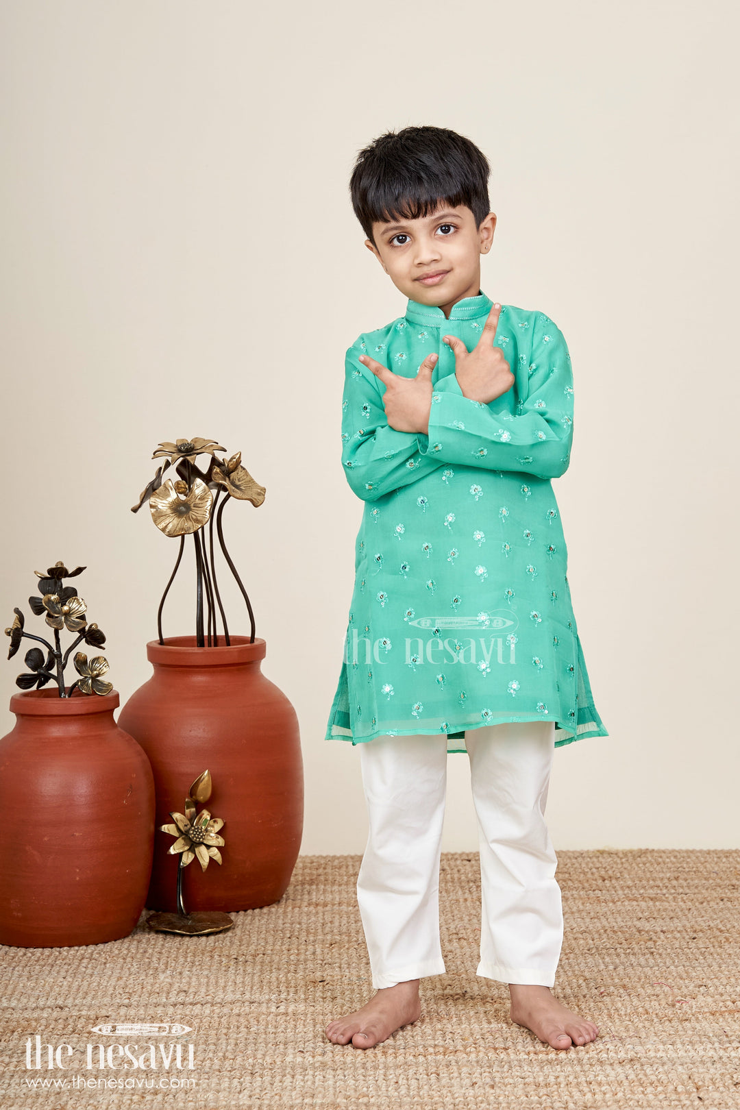 The Nesavu Boys Dothi Set Green Chanderi Dhoti Set For Toddler Boys With Mirror Embroidery Nesavu 18 (2Y) / Green BES755C-18 Nesavu Boys Green Chanderi Dhoti Set Festive Toddler Outfit Mirror Embroidery