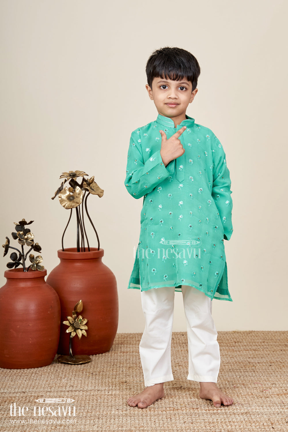 The Nesavu Boys Dothi Set Green Chanderi Dhoti Set For Toddler Boys With Mirror Embroidery Nesavu Nesavu Boys Green Chanderi Dhoti Set Festive Toddler Outfit Mirror Embroidery
