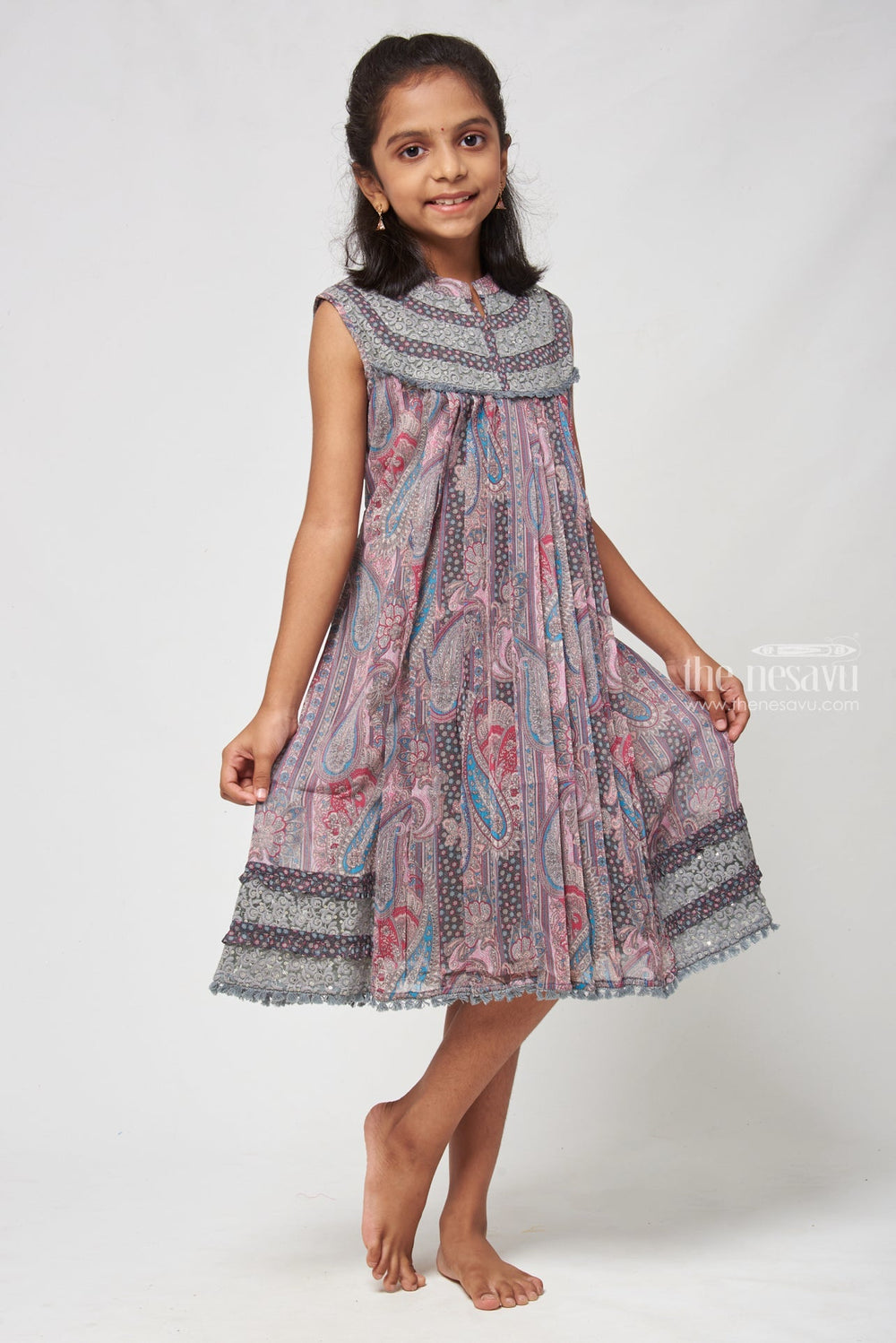The Nesavu Girls Fancy Frock Green Chikankari Pleated Cotton Frock - Stylish Mandarin Collar for Girls Nesavu Chikankari Cotton Frocks | New Cotton Frock Designs | The Nesavu