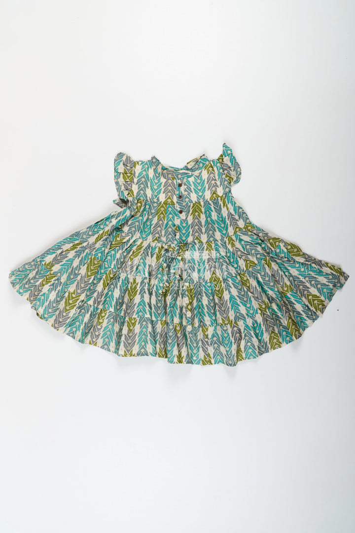 The Nesavu Girls Cotton Frock Green Colour Frock for Girls in Modal Silk with Multicolor Geometric Print and Front Bow Design Nesavu Nesavu Green Colour Frock Girls Modal Silk Multicolor Geometric Print Front Bow