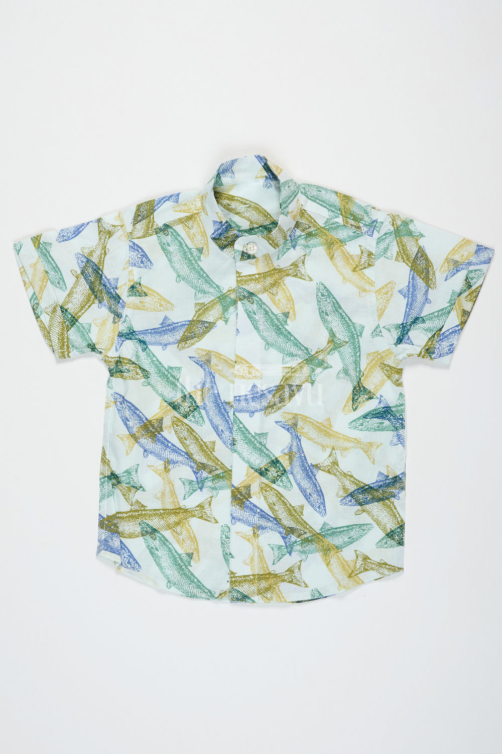 The Nesavu Boys Cotton Shirt Green Cotton Boys Cargo Jeans Shirt with Fish Print Half Sleeves for Casual Wear Nesavu 16 (1Y) / Green BS190A-16 Green Fish Print Boys Cotton Cargo Jeans Shirt Nesavu Half Sleeves Casual Wear Playdates