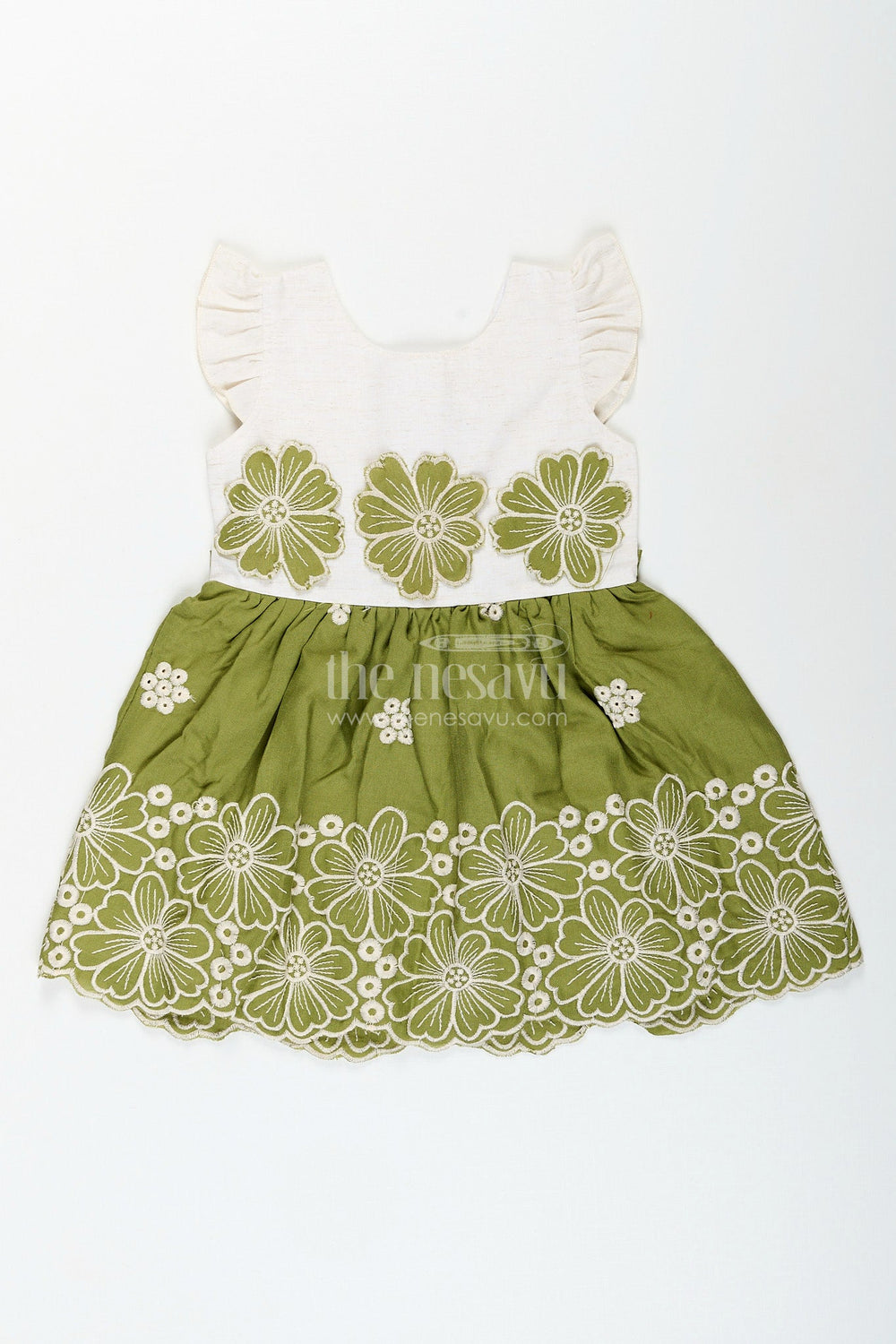 The Nesavu Girls Cotton Frock Green cotton frock for girls with white floral embroidery Nesavu 20 (3Y) / Green GFC1960A-20 Nesavu green cotton frock for girls with contrast yoke and white floral embroidery