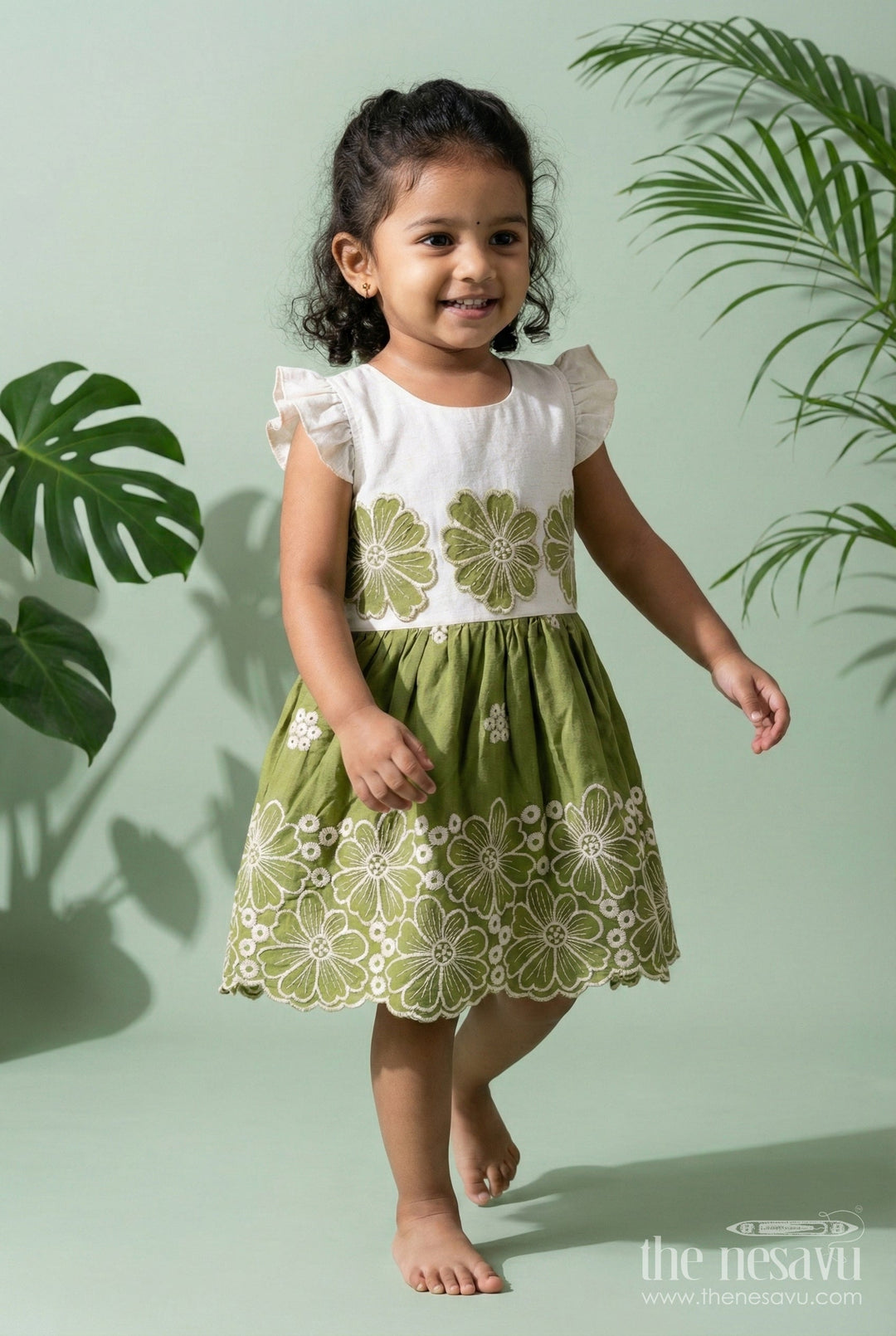 The Nesavu Girls Cotton Frock Green Cotton Frock for Girls with White Floral Embroidery Nesavu 20 (3Y) / Green GFC1960A-20 Nesavu green cotton frock for girls with contrast yoke and white floral embroidery