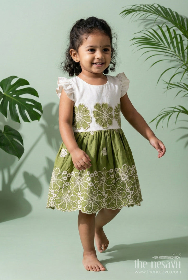 The Nesavu Girls Cotton Frock Green Cotton Frock for Girls with White Floral Embroidery Nesavu 20 (3Y) / Green GFC1960A-20 Nesavu green cotton frock for girls with contrast yoke and white floral embroidery