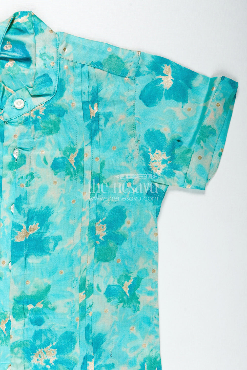 The Nesavu Boys Silk Shirt Green Cotton Shirt for Boys in Moadal Silk with Digital Watercolor Print and Soft Mandarin Collar Nesavu Nesavu Green Cotton Shirt Boys Moadal Silk Watercolor Digital Print Modern Styling