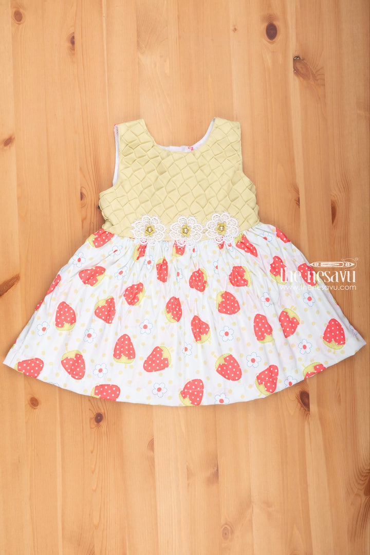 The Nesavu Baby Fancy Frock Green Delight: Strawberry Printed Cotton Frock for Baby Girls Nesavu 14 (6M) / Green / Poly Crepe BFJ465B-14 Best Newborn Outfits | Printed Baby Girls Cotton Frock | the Nesavu