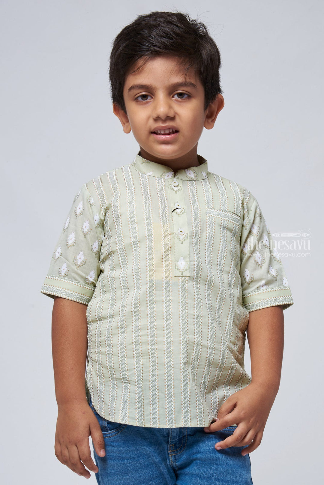 The Nesavu Boys Linen Shirt Green Enigma: Boys Pastel Green Shirt with Ikat Print, Mandarin Collar Nesavu 12 (3M) / Green BS076A-12 Linen Shirt For Boys | Boys Printed Shirt Online | The Nesavu