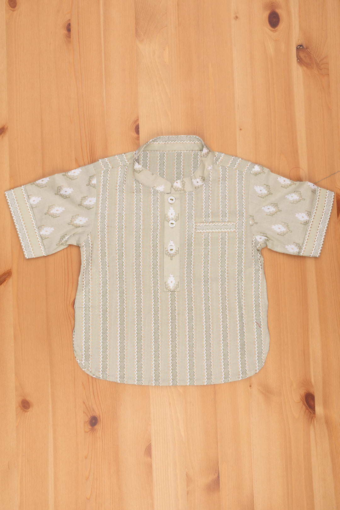 The Nesavu Boys Linen Shirt Green Enigma: Boys Pastel Green Shirt with Ikat Print, Mandarin Collar Nesavu Linen Shirt For Boys | Boys Printed Shirt Online | The Nesavu