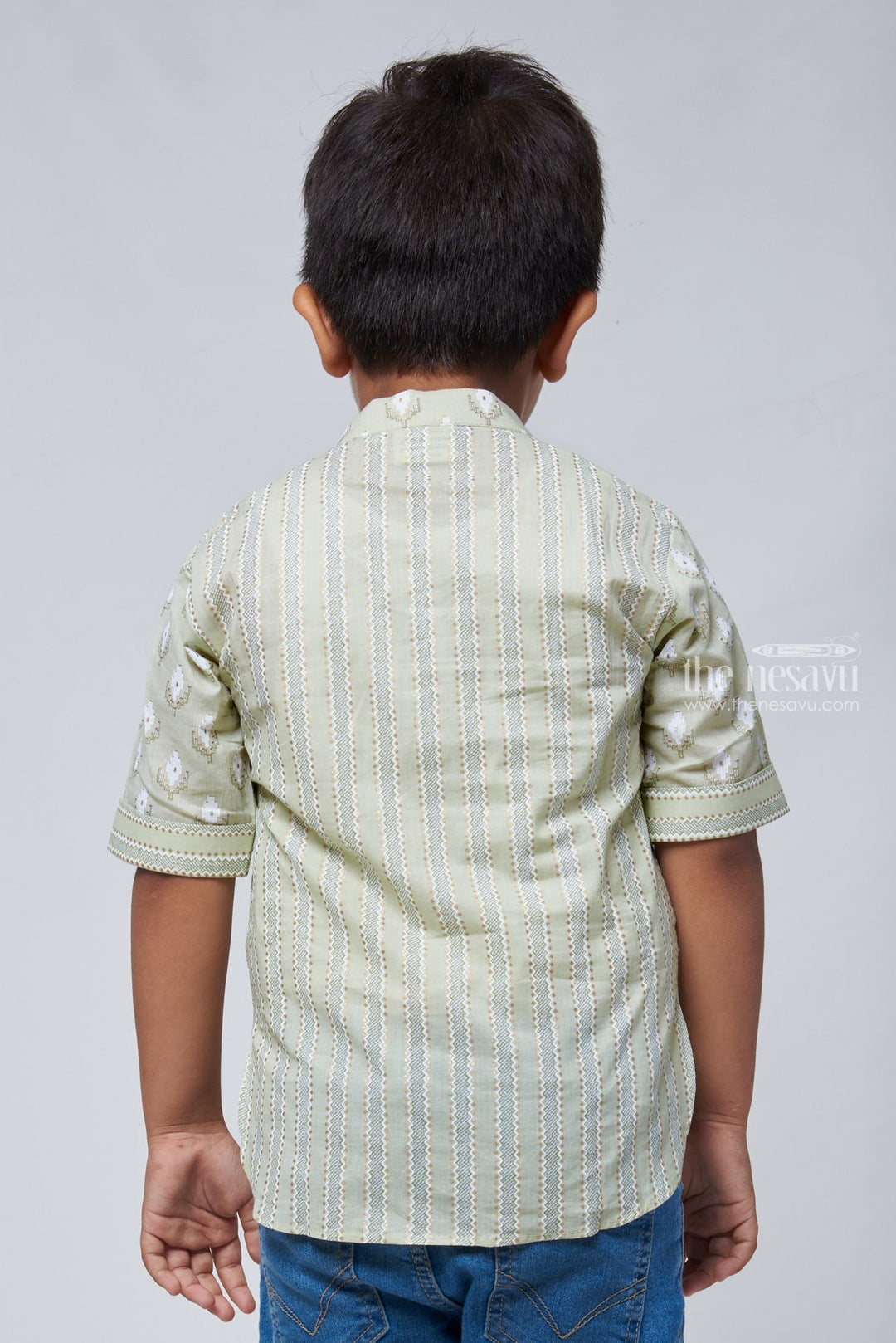 The Nesavu Boys Linen Shirt Green Enigma: Boys Pastel Green Shirt with Ikat Print, Mandarin Collar Nesavu Linen Shirt For Boys | Boys Printed Shirt Online | The Nesavu