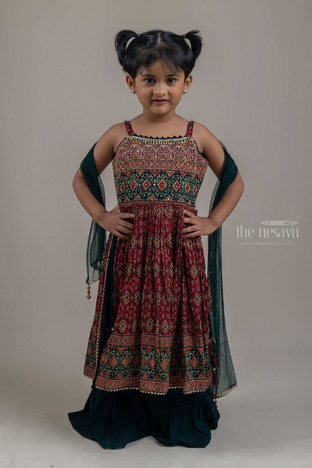The Nesavu Girls Sharara / Plazo Set Green Floral and Ikat Printed Kurti with Palazzo Suit for Girls with Organza Dupatta Nesavu 18 (2Y) / Green / Crepe GPS145 Green Floral and Ikat Printed Kurti with Palazzo Suit for Girls | Designer Ethnic Wear | The Nesavu