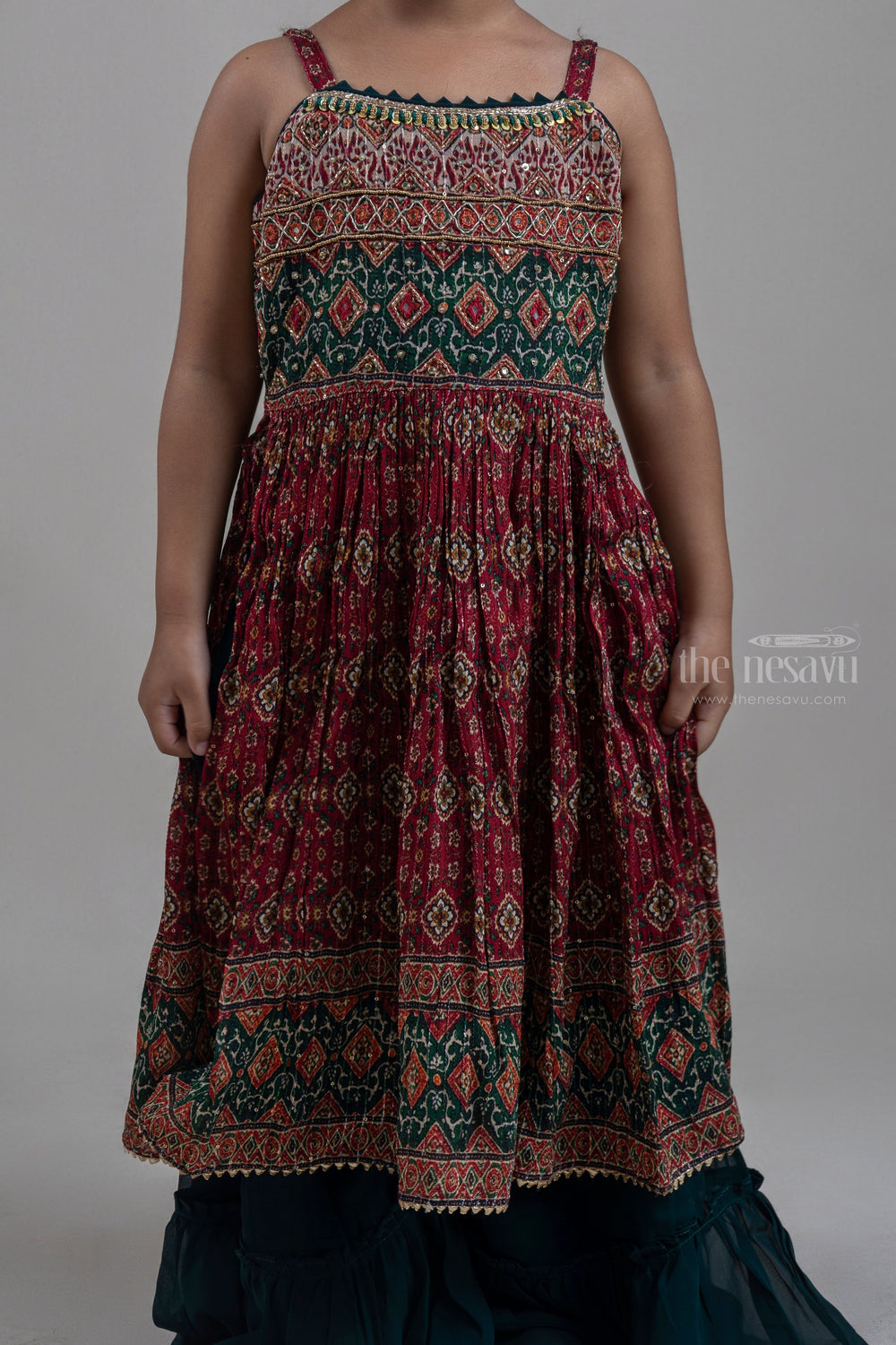 The Nesavu Girls Sharara / Plazo Set Green Floral and Ikat Printed Kurti with Palazzo Suit for Girls with Organza Dupatta Nesavu Green Floral and Ikat Printed Kurti with Palazzo Suit for Girls | Designer Ethnic Wear | The Nesavu