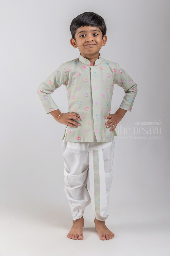 The Nesavu Boys Dothi Set Green Floral Butta Printed Boys Ethnic Kurta with Dhoti Set psr silks Nesavu 10 (NB) / Green / Silk Blend BES339B