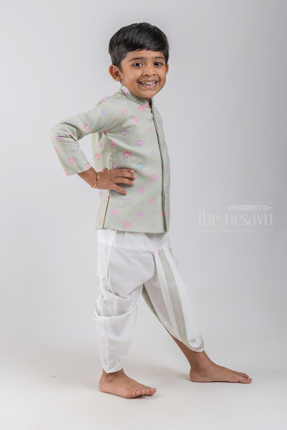 The Nesavu Boys Dothi Set Green Floral Butta Printed Boys Ethnic Kurta with Dhoti Set psr silks Nesavu