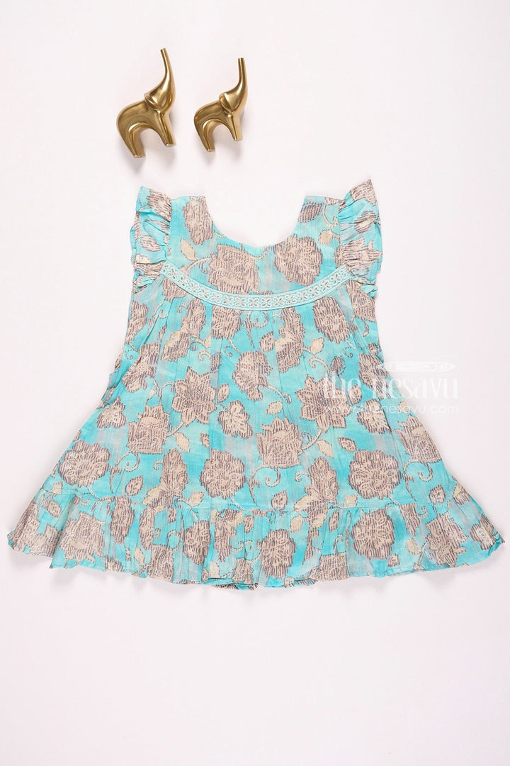 The Nesavu Girls Cotton Frock Green Floral Printed Cotton Frock for Girls Nesavu 16 (1Y) / Blue GFC1335B-16 Green Floral Printed Cotton Frock for Girls - Comfortable & Cute