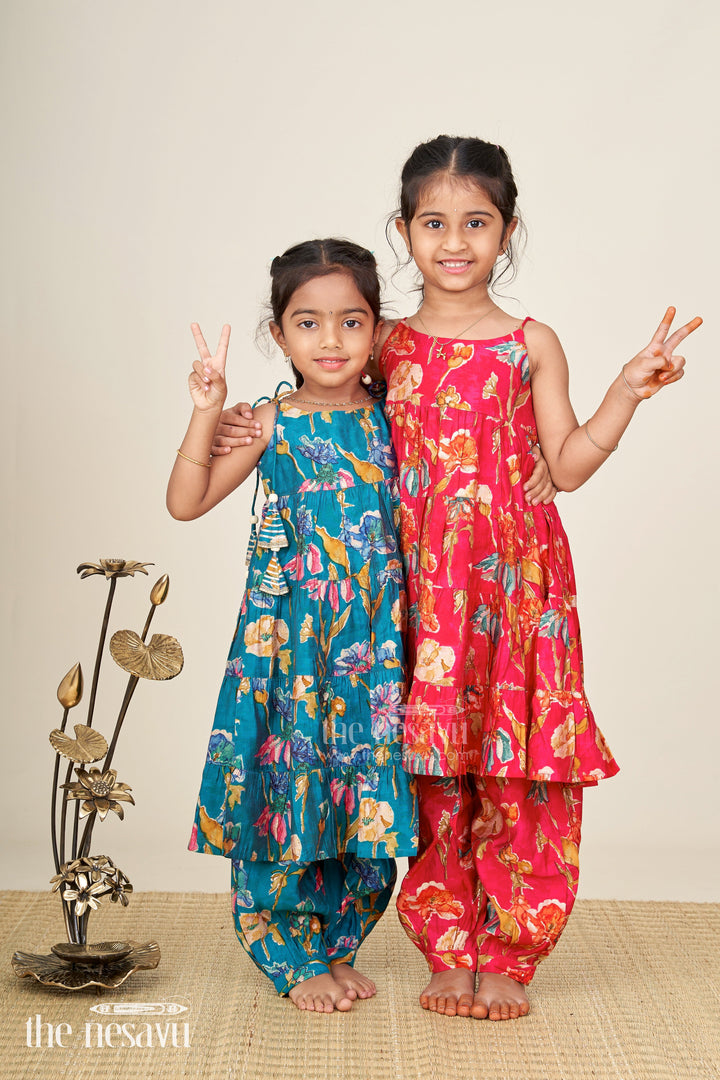 The Nesavu Girls Sharara / Plazo Set Green floral sharara set for toddler girls for ethnic family gatherings Nesavu Nesavu girls green floral cotton sharara set with printed flare kurti for casual festive wear
