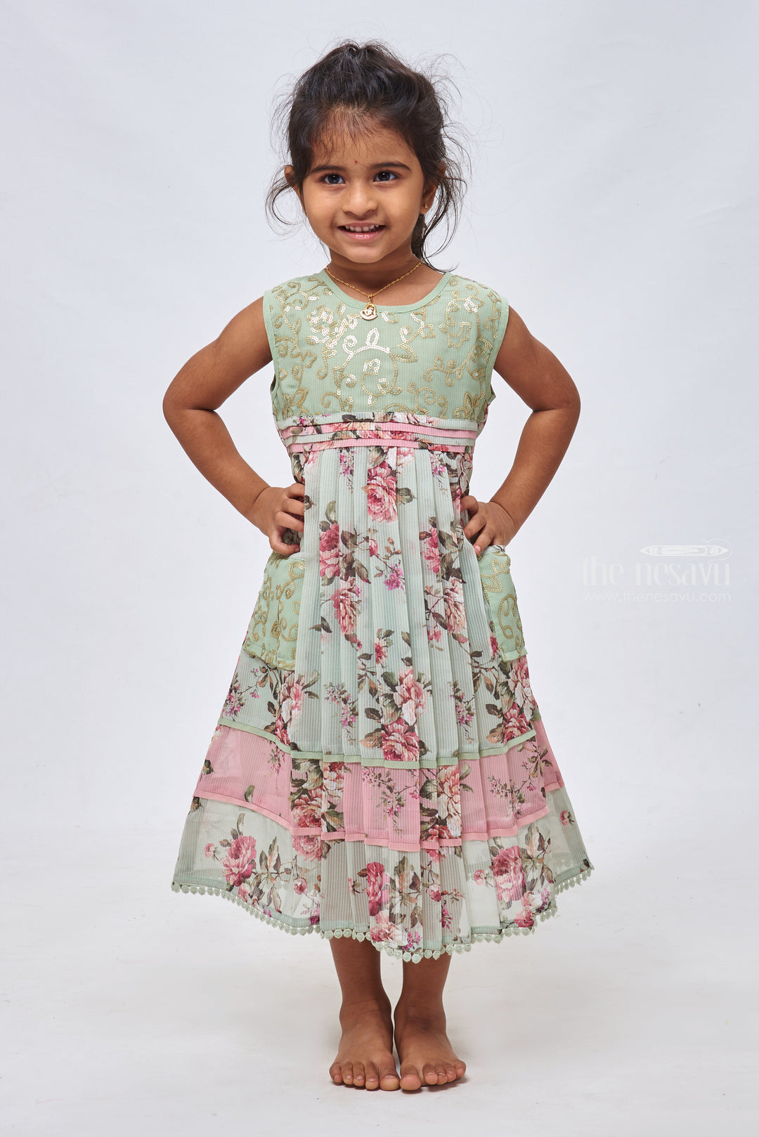The Nesavu Girls Cotton Frock Green Gem: Sequin Embroidered Floral Printed Green Cotton Frock for Girls Nesavu 22 (4Y) / Green / Georgette GFC1157A-22 Cotton Frocks in Floral Designs for Girls | Fancy Cotton Frocks for Special Occasions | The Nesavu