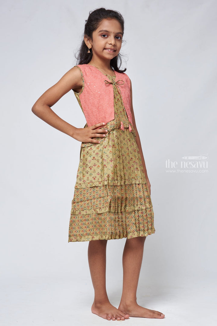 The Nesavu Girls Cotton Frock Green Geometrical Pleated Cotton Frock with Salmon Overcoat - Stylish Girls Dress Nesavu Cotton Frock For 7 Year Old Girl | Cotton Frock For Summer | The Nesavu