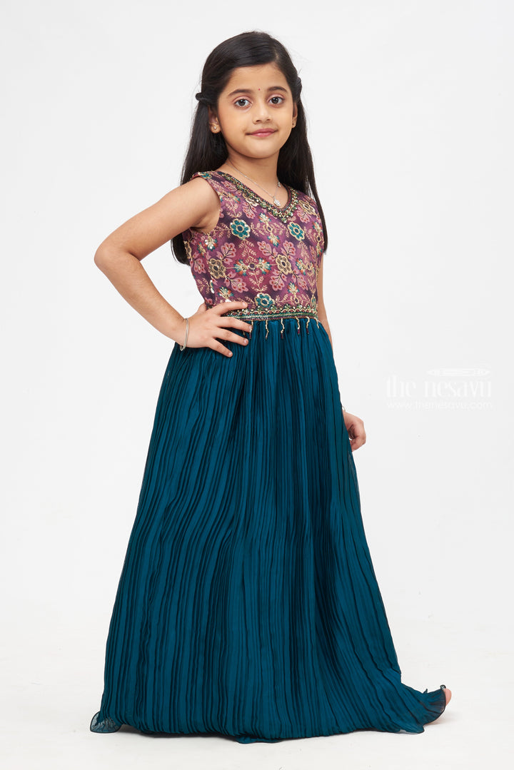 The Nesavu Girls Party Gown Green Glamour: Sequin & Zari Embroidered Pleated Anarkali Gown for Girls- Designer Collections for Diwali Nesavu Trendy Anarkali Designs 2023 | Kid’s Stylish Anarkali Dress | The Nesavu