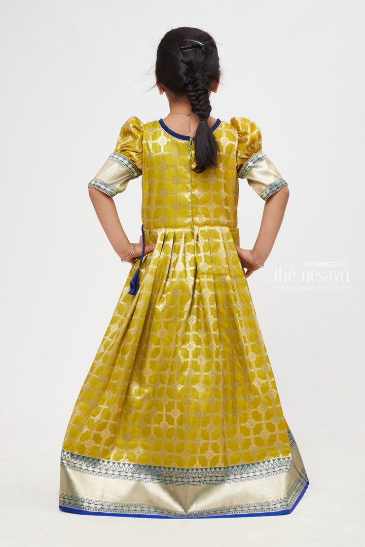 The Nesavu Silk Gown Green Glamour: Zari Checkered & Knife Pleated Jacquard Silk Gown for Girls Nesavu Fashionable Anarkali Dress Collection | Festive Diwali Anarkali Outfits | The Nesavu