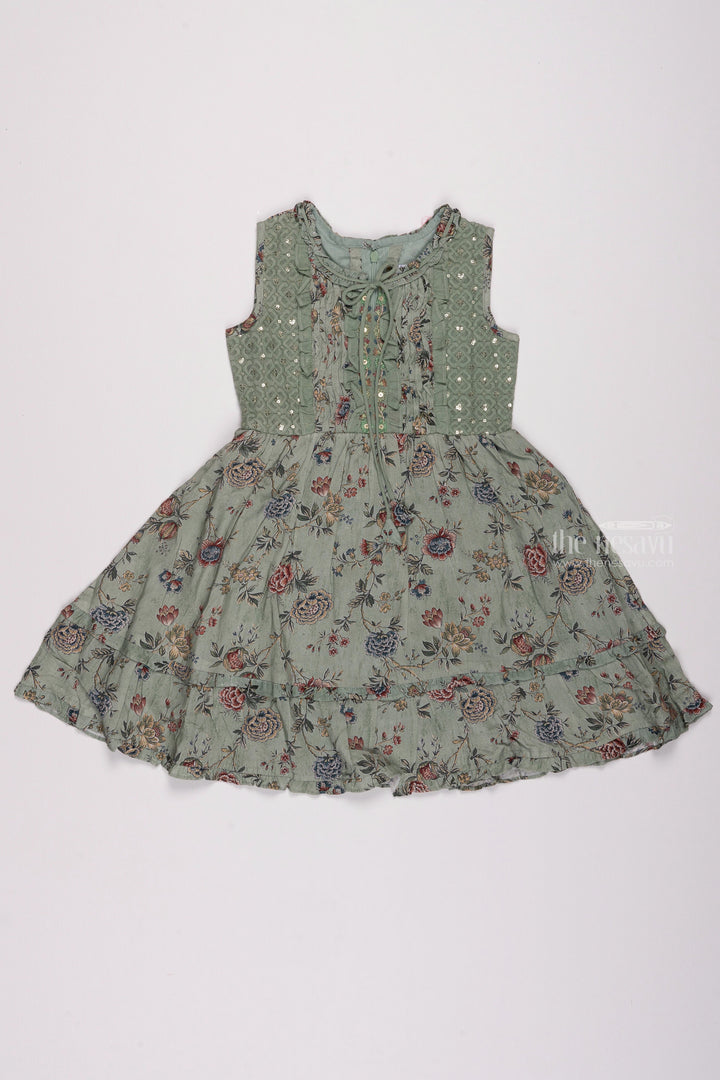 The Nesavu Girls Cotton Frock Green Goddess: Sleeveless Cotton Frock with Floral Print for Girls Nesavu 22 (4Y) / Green / Cotton GFC1147A-22 Explore Stylish Baby Girl Dresses: Casual Cotton Frocks & More | | The Nesavu