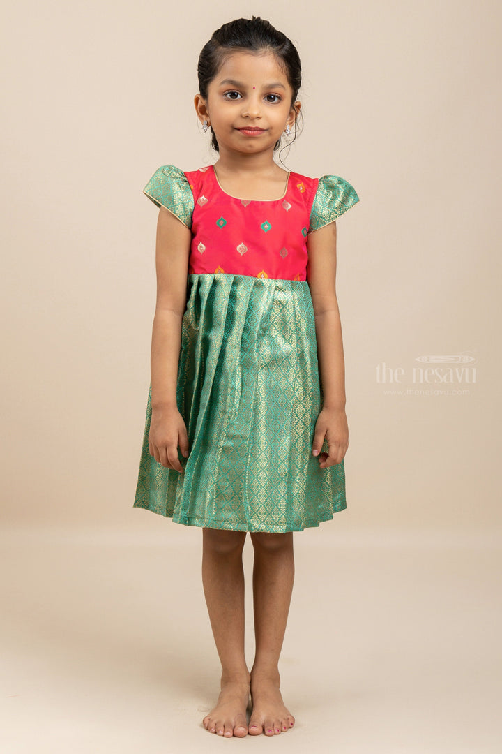 The Nesavu Silk Frock Green Intricate Banarasi Silk Frock For New Born Baby Girls Nesavu 12 (3M) / Green SF369-12 Buy Silk Gown For Kids Online | Teal Blue Pattu Dress Ideas | The Nesavu