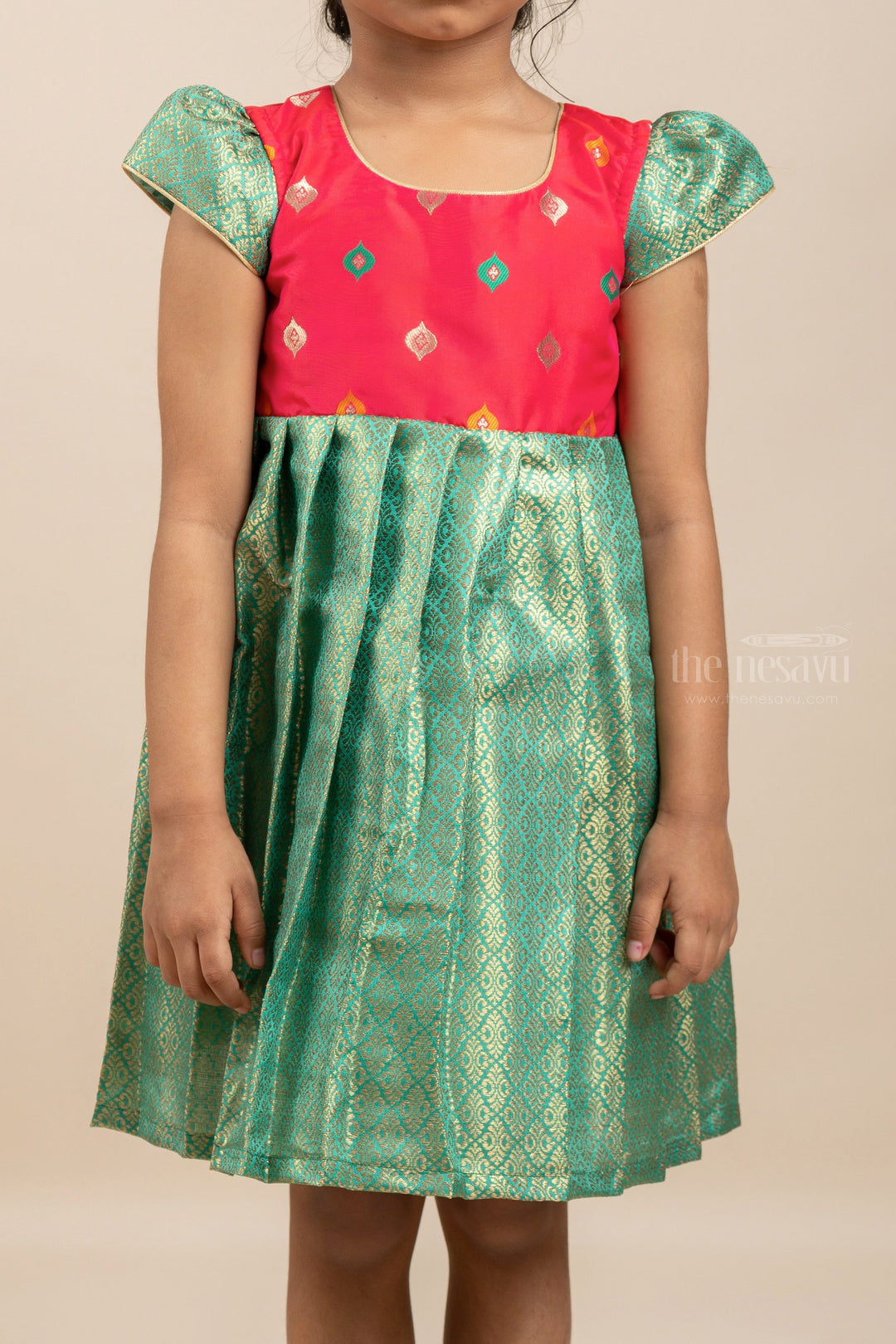 The Nesavu Silk Frock Green Intricate Banarasi Silk Frock For New Born Baby Girls Nesavu Buy Silk Gown For Kids Online | Teal Blue Pattu Dress Ideas | The Nesavu