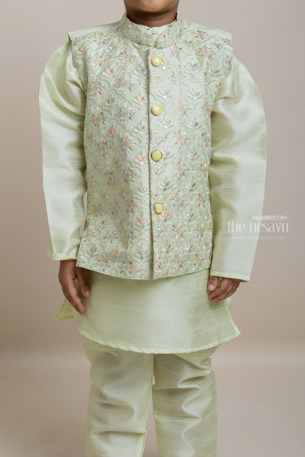 The Nesavu Boys Jacket Sets Green Kurta Set With Jacquard Overjacket for Little Boys Nesavu Latest Kurta Collection For Boys | Premium Kurta Set | The Nesavu