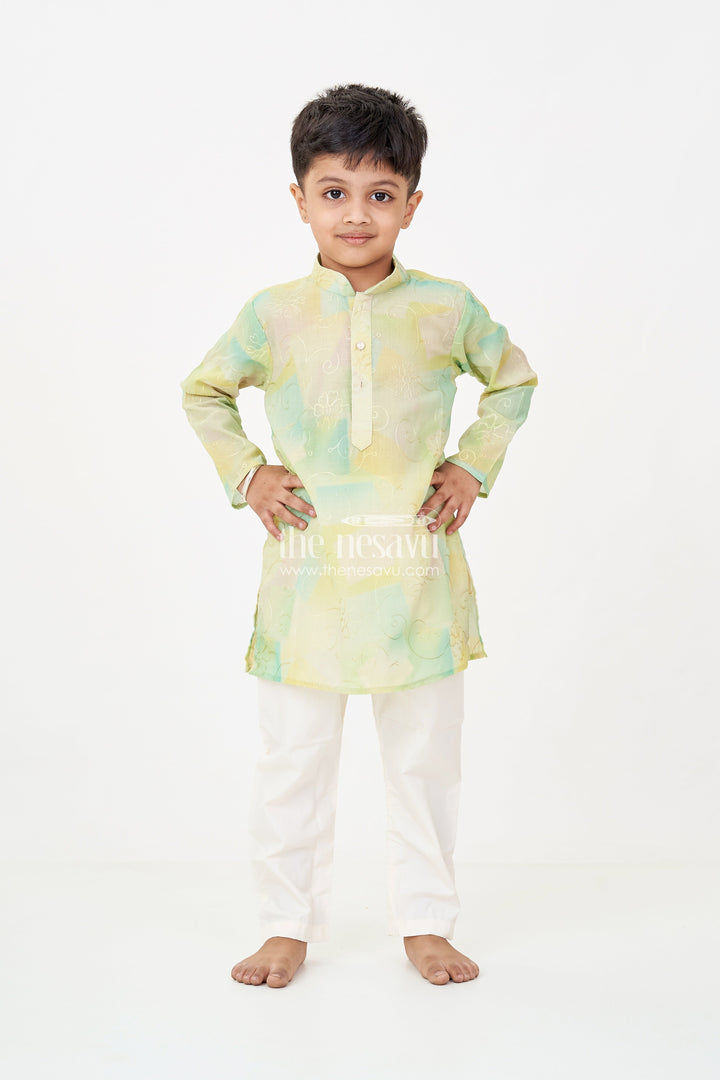 The Nesavu Boys Kurtha Set Green Kurta Sets for Boys in Modal Silk with Thread Embroidery and Ivory Pajama for Elegant Look Nesavu Nesavu Green Kurta Sets for Boys in Modal Silk with Thread Embroidery and Classic Ivory Pajama