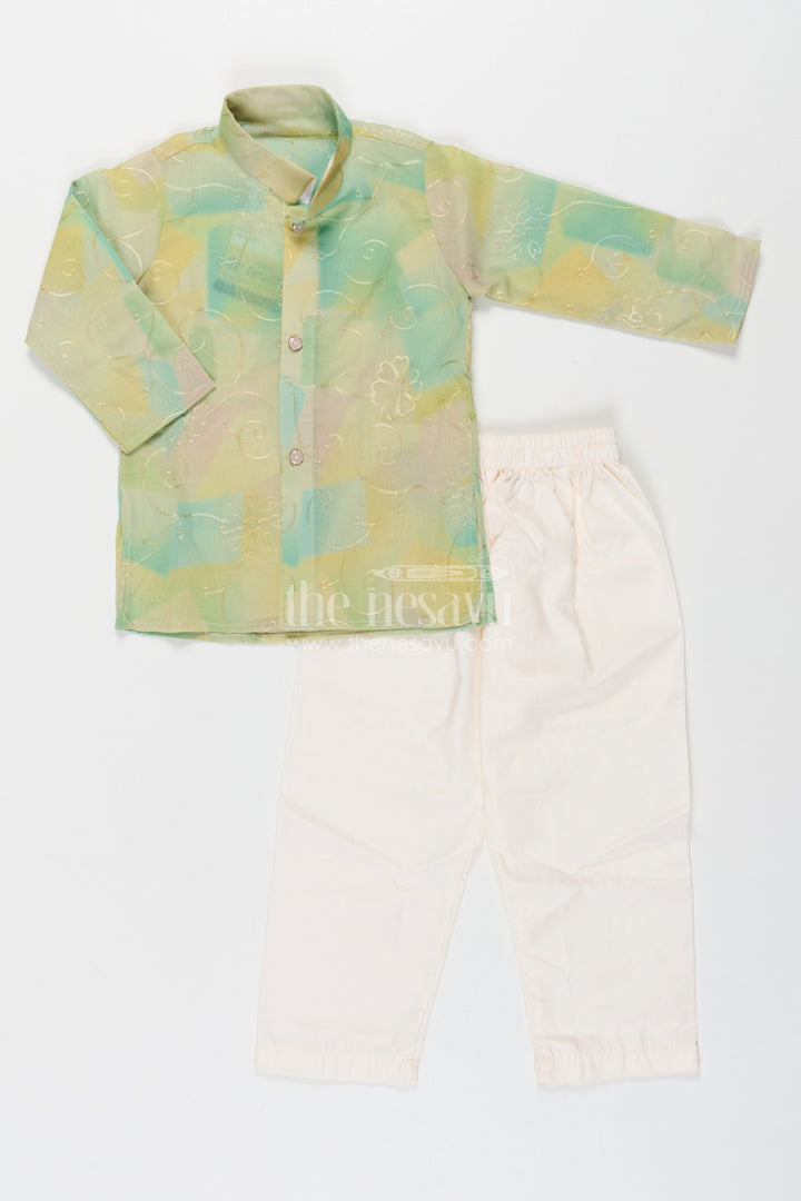 The Nesavu Boys Kurtha Set Green Kurta Sets for Boys in Modal Silk with Thread Embroidery and Ivory Pajama for Elegant Look Nesavu Nesavu Green Kurta Sets for Boys in Modal Silk with Thread Embroidery and Classic Ivory Pajama