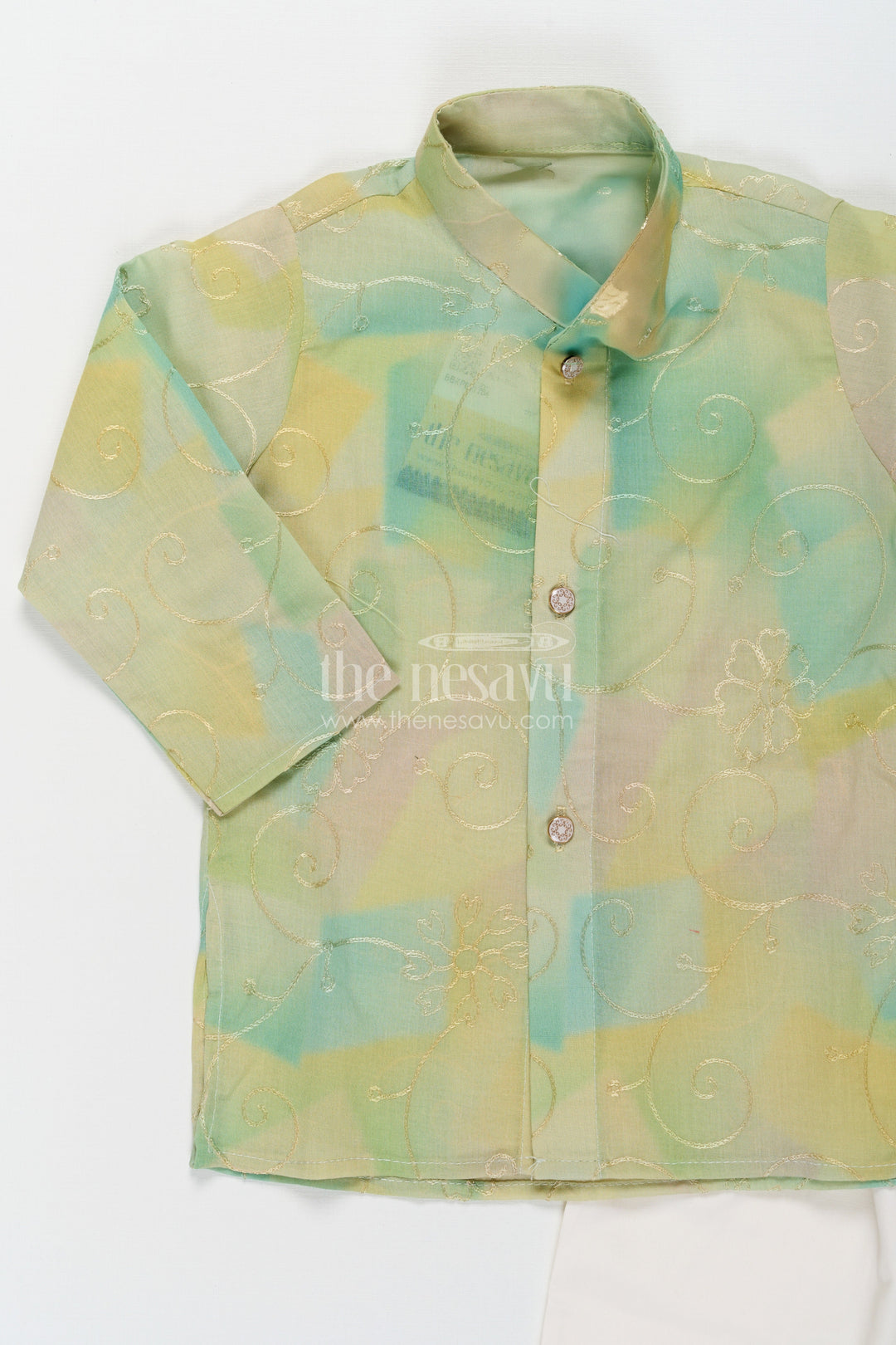 The Nesavu Boys Kurtha Set Green Kurta Sets for Boys in Modal Silk with Thread Embroidery and Ivory Pajama for Elegant Look Nesavu Nesavu Green Kurta Sets for Boys in Modal Silk with Thread Embroidery and Classic Ivory Pajama