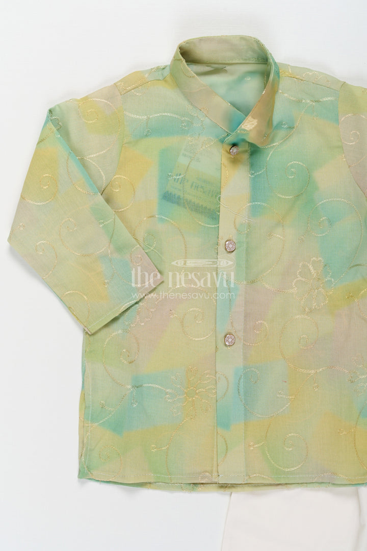 The Nesavu Boys Kurtha Set Green Kurta Sets for Boys in Modal Silk with Thread Embroidery and Ivory Pajama for Elegant Look Nesavu Nesavu Green Kurta Sets for Boys in Modal Silk with Thread Embroidery and Classic Ivory Pajama