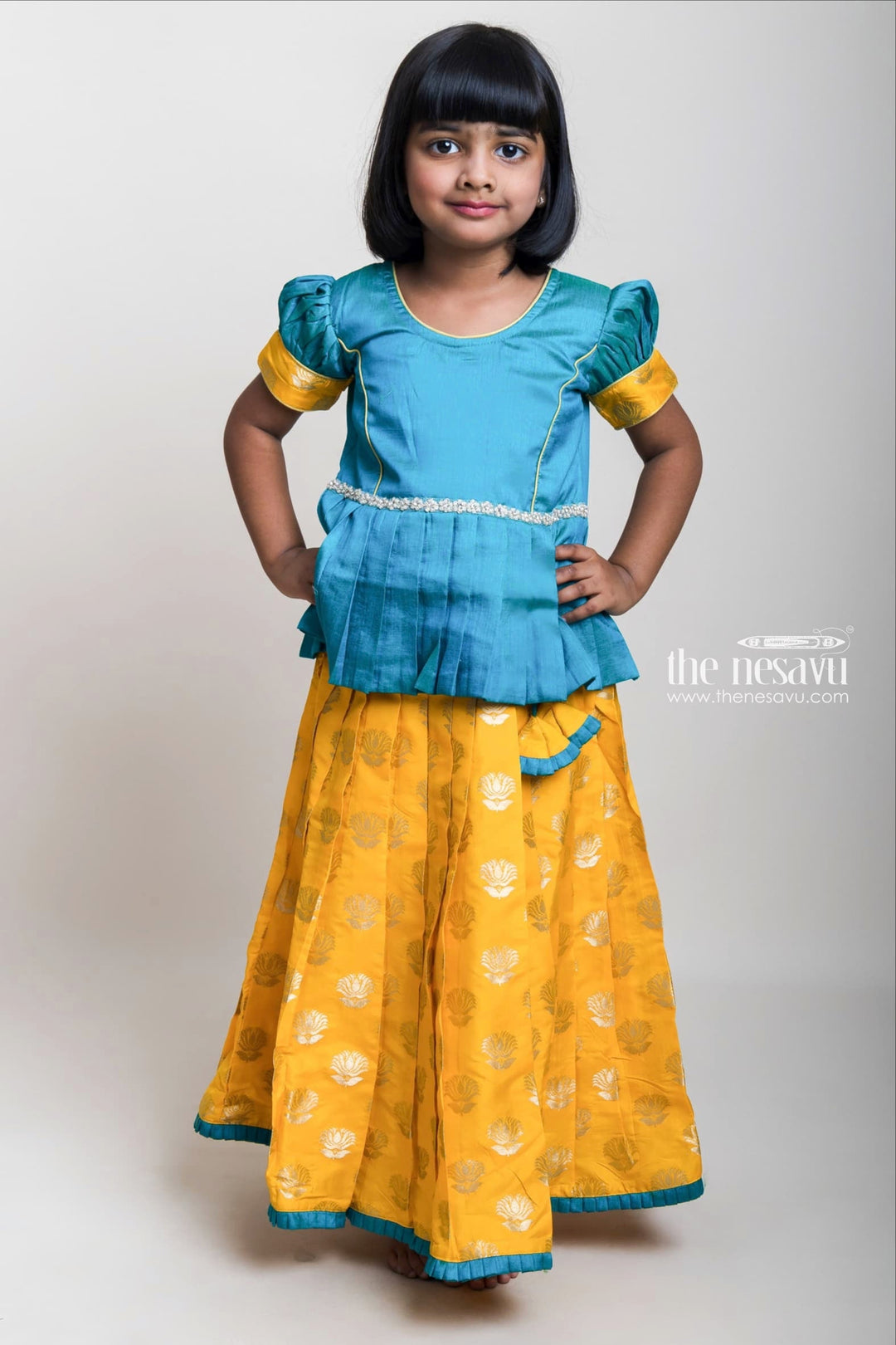 The Nesavu Pattu Pavadai Green Pleated Peplum Blouse And Brocade Printed Yellow Silk Skirt For Girls Nesavu 16 (1Y) / Yellow / Jacquard GPP248A-16 Green And Yellow Pattu Pavadai| Festive Wear Collection 2023| The Nesavu