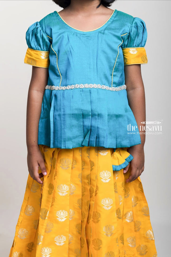 The Nesavu Pattu Pavadai Green Pleated Peplum Blouse And Brocade Printed Yellow Silk Skirt For Girls Nesavu Green And Yellow Pattu Pavadai| Festive Wear Collection 2023| The Nesavu