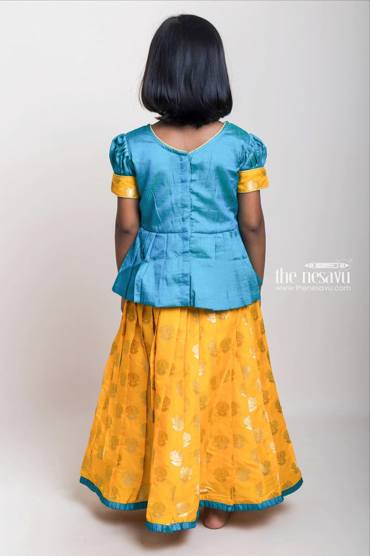 The Nesavu Pattu Pavadai Green Pleated Peplum Blouse And Brocade Printed Yellow Silk Skirt For Girls Nesavu Green And Yellow Pattu Pavadai| Festive Wear Collection 2023| The Nesavu