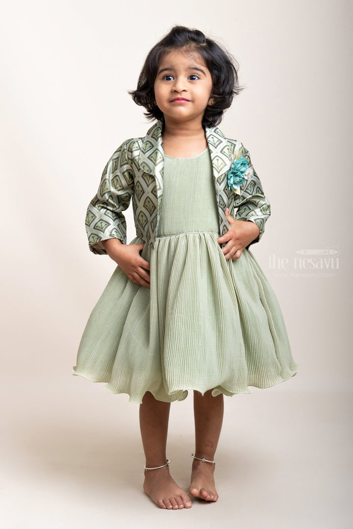 The Nesavu Girls Fancy Party Frock Green Semi-Crushed Frock With Floral Embellished Jacket For Girls psr silks Nesavu 16 (1Y) / Green PF108B
