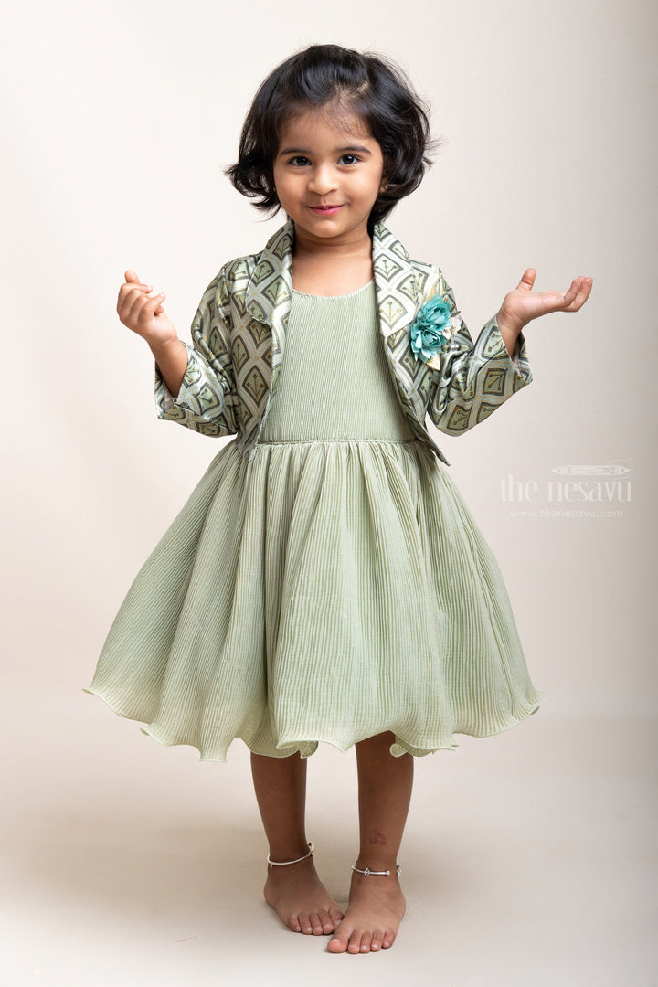 The Nesavu Girls Fancy Party Frock Green Semi-Crushed Frock With Floral Embellished Jacket For Girls psr silks Nesavu