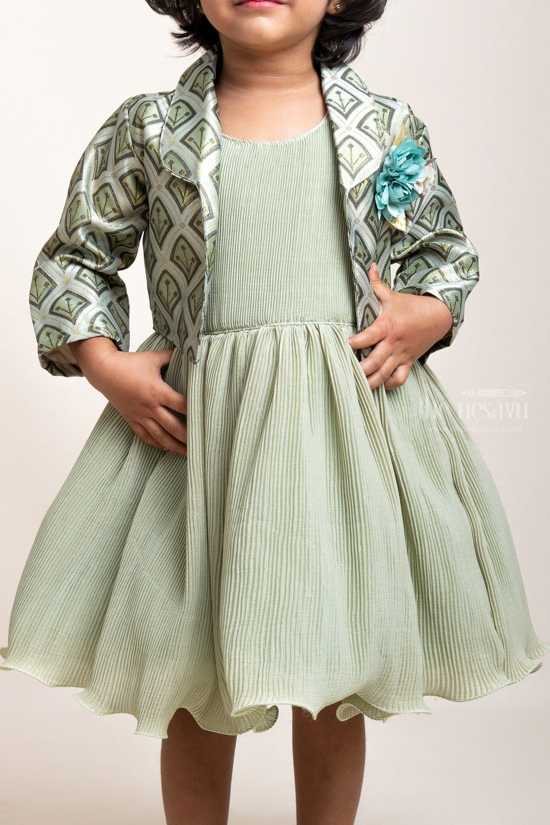 The Nesavu Girls Fancy Party Frock Green Semi-Crushed Frock With Floral Embellished Jacket For Girls psr silks Nesavu