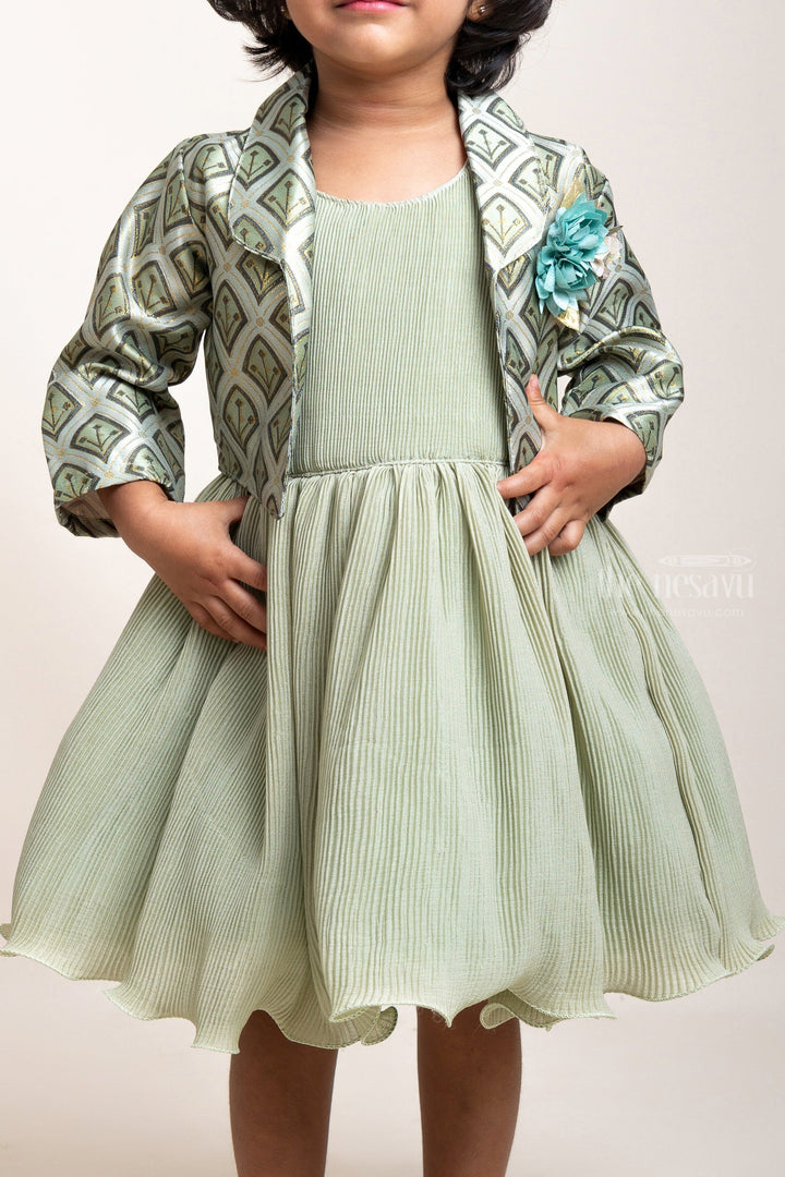The Nesavu Girls Fancy Party Frock Green Semi-Crushed Frock With Floral Embellished Jacket For Girls psr silks Nesavu