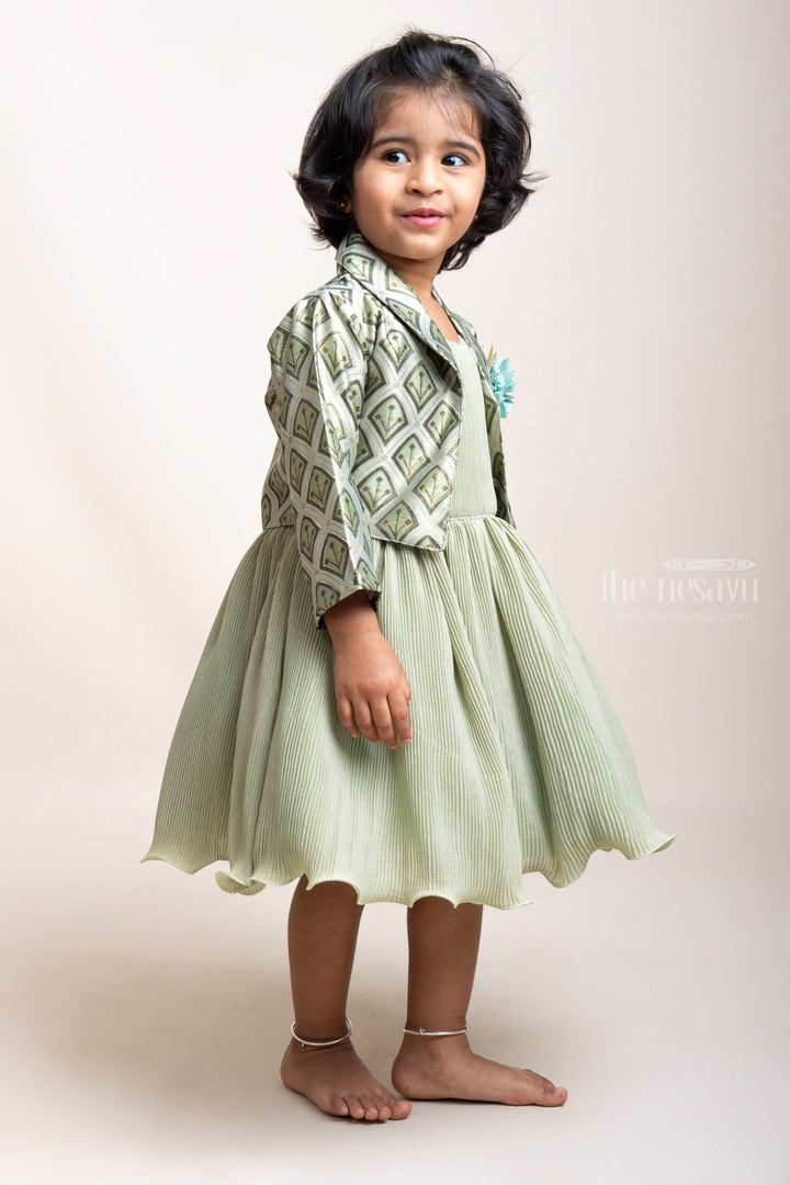 The Nesavu Girls Fancy Party Frock Green Semi-Crushed Frock With Floral Embellished Jacket For Girls psr silks Nesavu