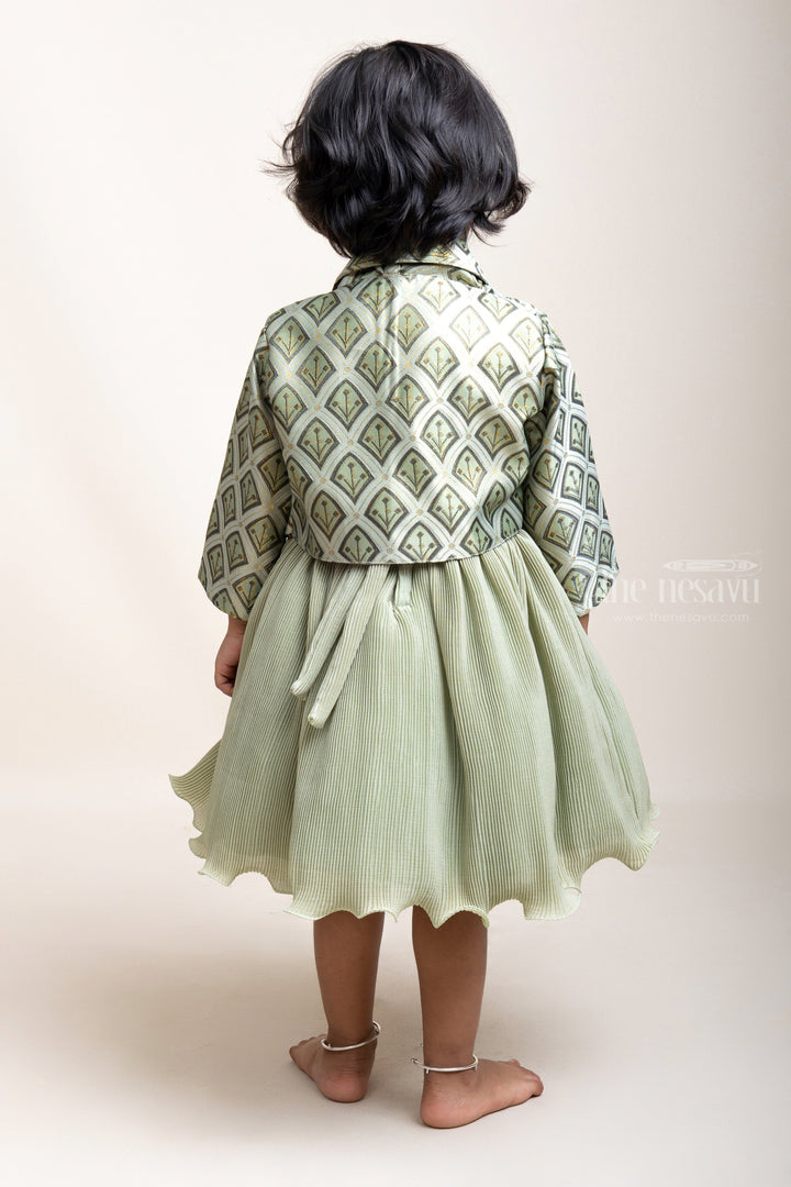The Nesavu Girls Fancy Party Frock Green Semi-Crushed Frock With Floral Embellished Jacket For Girls psr silks Nesavu
