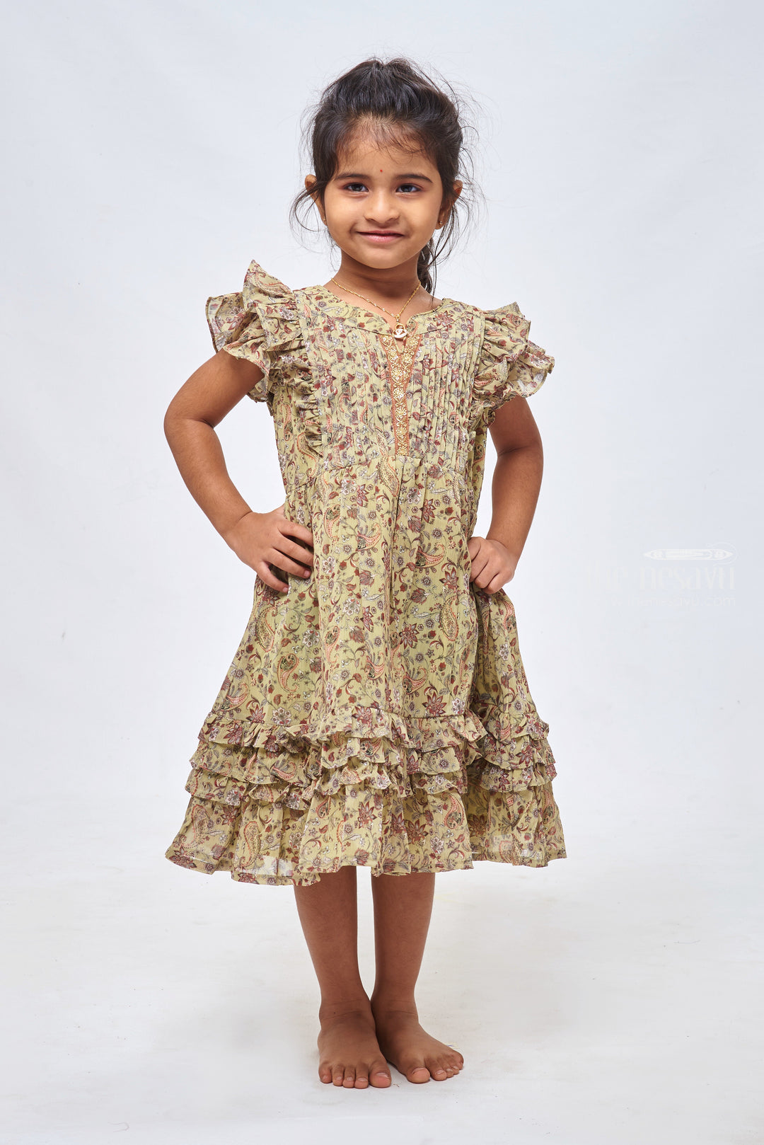 The Nesavu Girls Cotton Frock Green Sequin Splendor: Cotton Frock with Floral Accents Nesavu 22 (4Y) / Green / Georgette GFC1131A-22 Cotton Gown Frock | 1 Year Baby Girl Cotton Dresses | the Nesavu