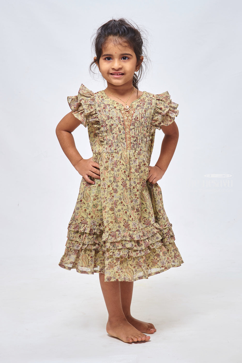 The Nesavu Girls Cotton Frock Green Sequin Splendor: Cotton Frock with Floral Accents Nesavu Cotton Gown Frock | 1 Year Baby Girl Cotton Dresses | the Nesavu